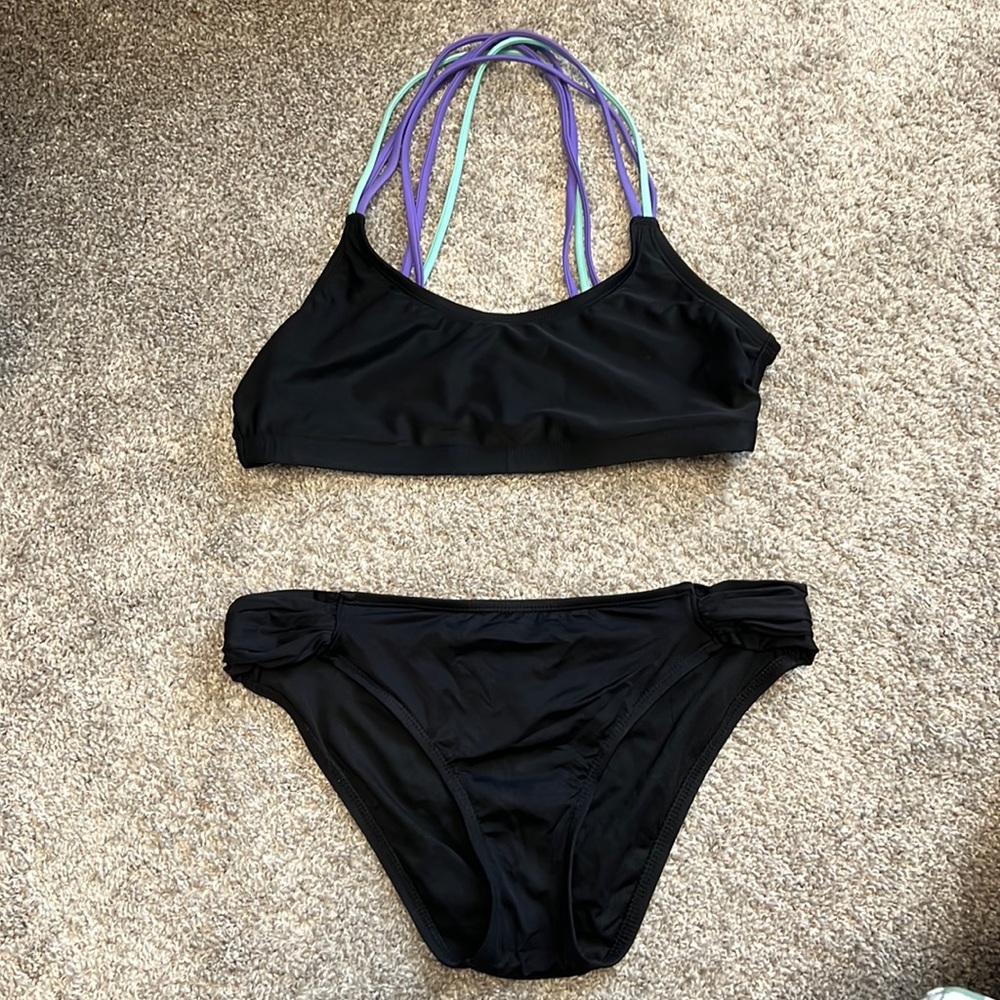 Mossimo black bikini with purple and teal accent straps set
